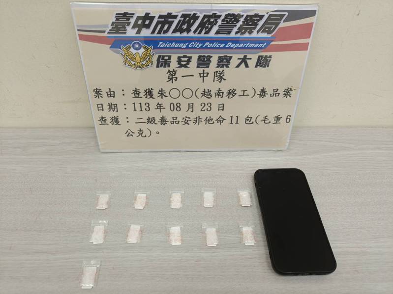 台中市保大第一中隊23日取締酒駕時,查獲越南籍朱姓移工持有安非他命。記者陳宏睿/翻攝 台中市保大第一中隊23日取締酒駕時,查獲越南籍朱姓移工持有安非他命。記者陳宏睿/翻攝