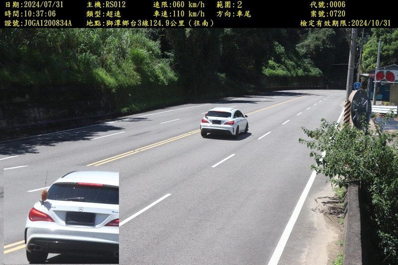 違規白色賓士休旅車當時車速110公里、超速50公里,其後車尾無線電車機天線有懸掛一隻明顯玩偶。圖/警方提供 違規白色賓士休旅車當時車速110公里、超速50公里,其後車尾無線電車機天線有懸掛一隻明顯玩偶。圖/警方提供
