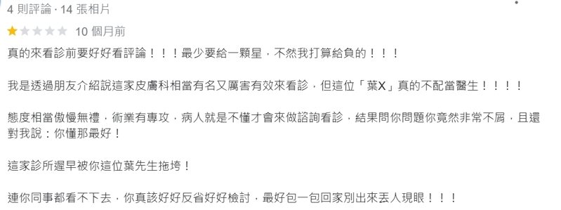 陳姓男子在Google頁面留下一星評論，稱葉姓醫師不配當醫生，被葉男提告，葉索賠60萬元，法官認評論屬可受公評之事，判陳免賠。取自Google頁面