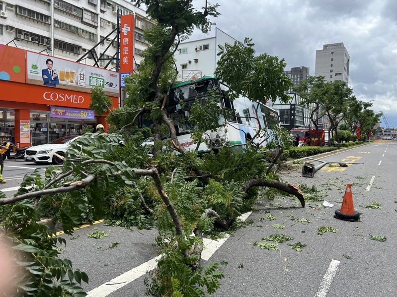 張姓男子今天下午駕駛三重客運811公車,疑因突然頭暈,人車衝撞中央分隔島,釀一人受傷。記者曾伯愷/翻攝 張姓男子今天下午駕駛三重客運811公車,疑因突然頭暈,人車衝撞中央分隔島,釀一人受傷。記者曾伯愷/翻攝