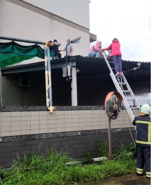 高雄大社區一家洗衣工廠發生火警,8名員工攀上鐵皮屋頂獲救。記者張議晨/翻攝 高雄大社區一家洗衣工廠發生火警,8名員工攀上鐵皮屋頂獲救。記者張議晨/翻攝