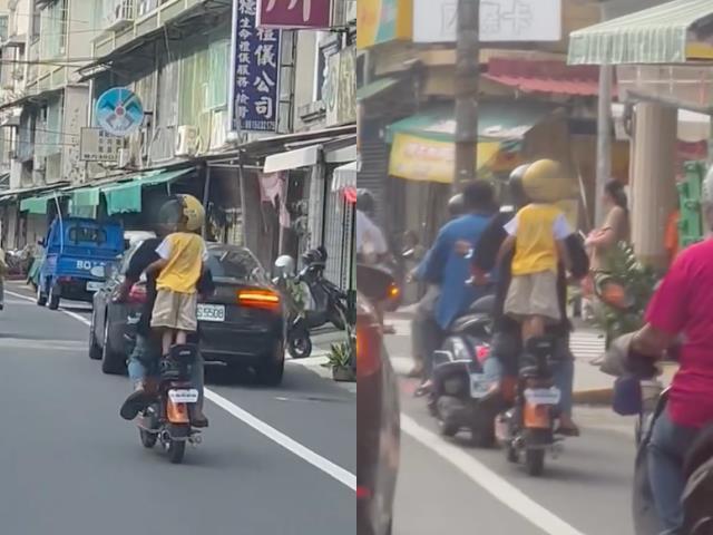 高雄市大社區路上日前被目擊一名男子騎乘電動單車,後座「站著」一名年幼男童,目擊者說「出勤遇到行動炸彈,保持距離以策安全」。記者宋原彰/翻攝 高雄市大社區路上日前被目擊一名男子騎乘電動單車,後座「站著」一名年幼男童,目擊者說「出勤遇到行動炸彈,保持距離以策安全」。記者宋原彰/翻攝