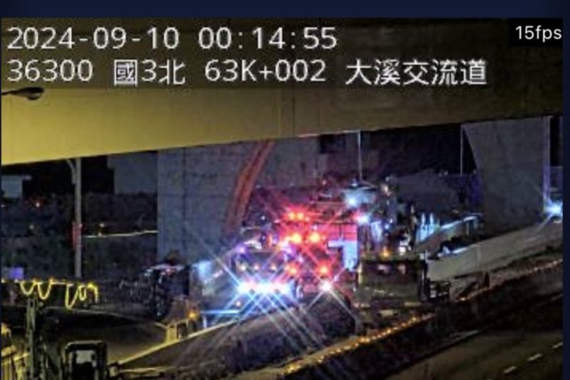 國3南下大溪交流道出口大溪新增設交流道出口匝道翻覆車禍,貨櫃車司機OHCA。圖/取自國道即時影像 國3南下大溪交流道出口大溪新增設交流道出口匝道翻覆車禍,貨櫃車司機OHCA。圖/取自國道即時影像