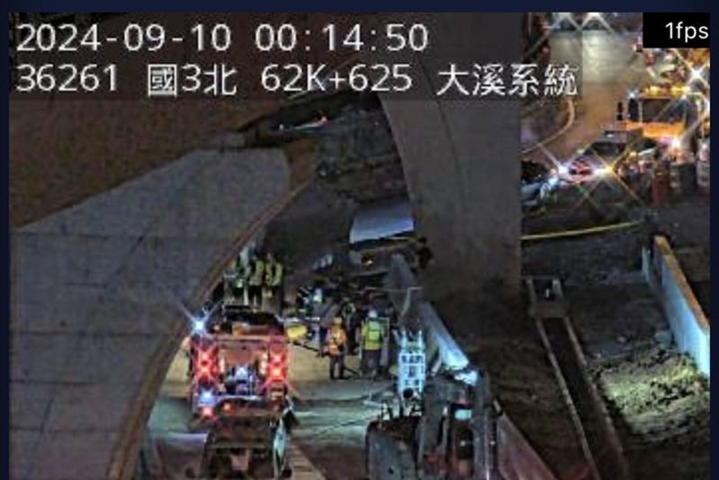 國3南下大溪交流道出口大溪新增設交流道出口匝道翻覆車禍,貨櫃車司機OHCA。圖/取自國道即時影像 國3南下大溪交流道出口大溪新增設交流道出口匝道翻覆車禍,貨櫃車司機OHCA。圖/取自國道即時影像