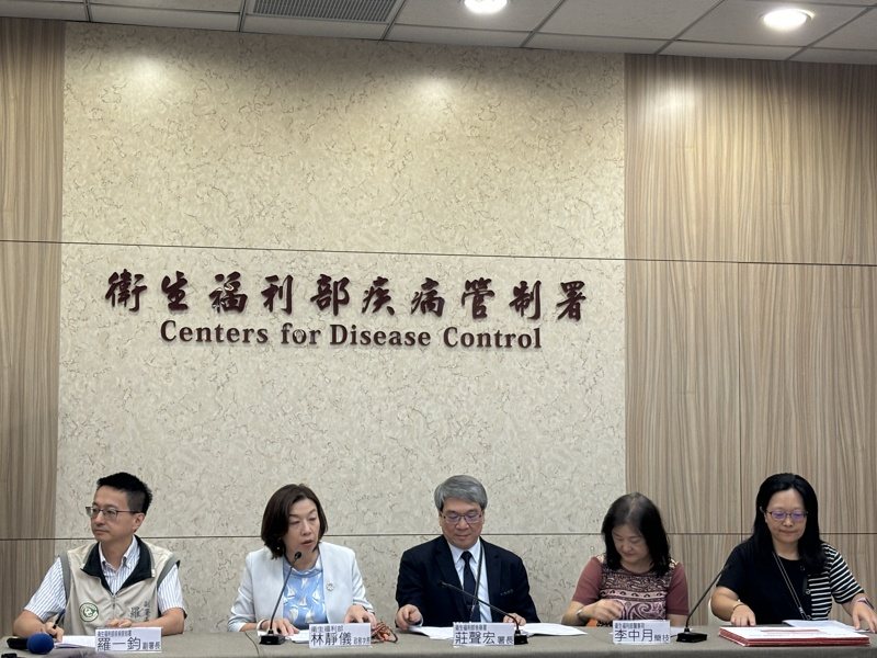 台東發生疑似集體食物中毒案，衛福部今舉辦台東蝸牛小米粽食物中毒案後續記者會，由左至右分別為，疾管署副署長羅一鈞、衛福部次長林靜儀、食藥署署長莊聲宏、醫事司簡技李中月、食藥署研檢組組長曾素香。記者李青縈／攝影