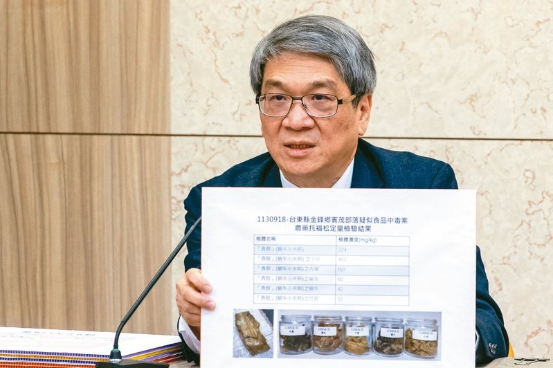 食藥署長莊聲宏昨公布小米粽托福松濃度,五項食材中,小米的濃度最高,達每公斤四○五毫克。記者季相儒/攝影 食藥署長莊聲宏昨公布小米粽托福松濃度,五項食材中,小米的濃度最高,達每公斤四○五毫克。記者季相儒/攝影