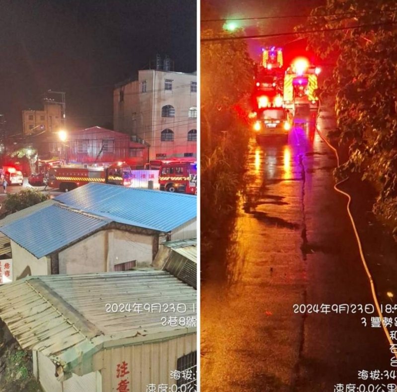 消防車在巷弄內來來去去，因豪大雨一度傳出，有人在沙洲受困。消防局到現場滅火，沒有人員受困虛驚一場。圖／讀者提供