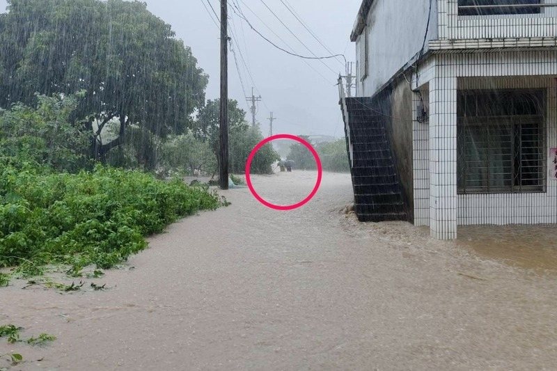 金山夫妻溺水前最後撐傘影像曝，當時已淹大水，還下著大雨。記者游明煌／翻攝