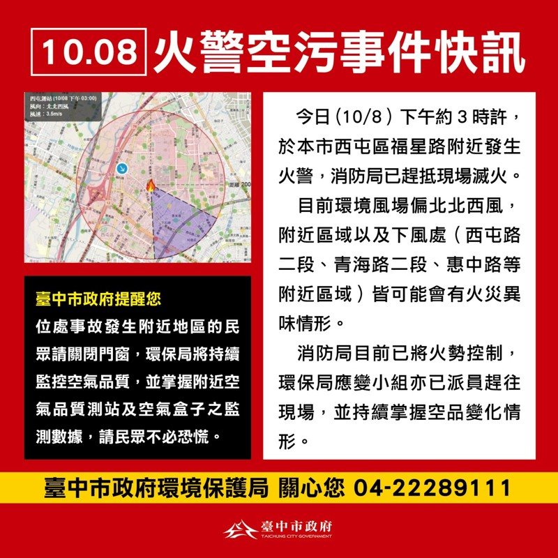 台中市西屯區逢甲商圈福星路今天下午3時許發生住宅火警,環保局發布發布火警空汙事件快訊。圖/台中市環保局提供 台中市西屯區逢甲商圈福星路今天下午3時許發生住宅火警,環保局發布發布火警空汙事件快訊。圖/台中市環保局提供