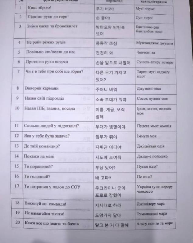 社群平台Telegram也傳出疑似烏軍發給部隊，要求遭遇或活捉北韓士兵時派上用場的「韓語會話手冊」。圖／取自@RVvoenkor在Telegram的照片