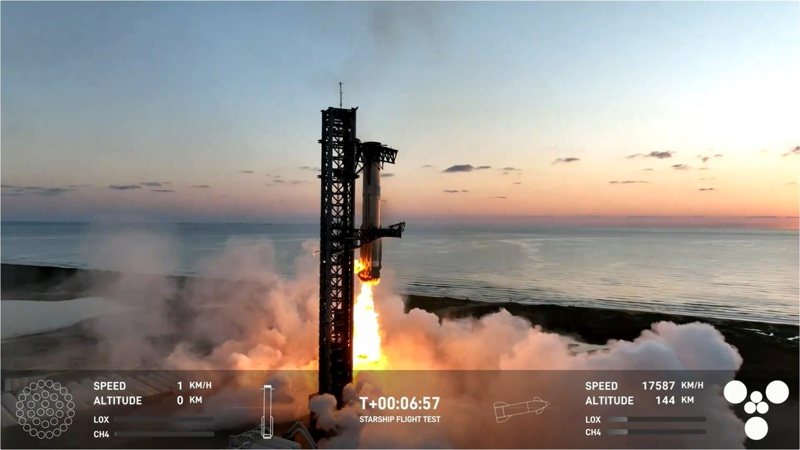 星艦太空船第五次試射，起飛七分鐘後，超重型火箭推進器(圖右)回到發射地點，由被稱為「筷子」的機械手臂(圖左)在半空中捕捉。(歐新社)