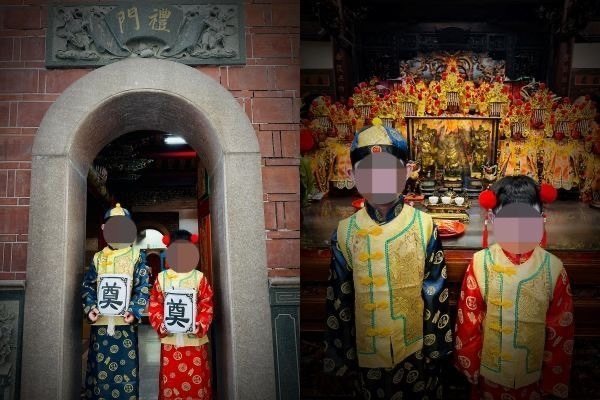 母親替2個兒子打扮成金童玉女，到萬和宮拍照。圖／翻攝自爆廢公社二館