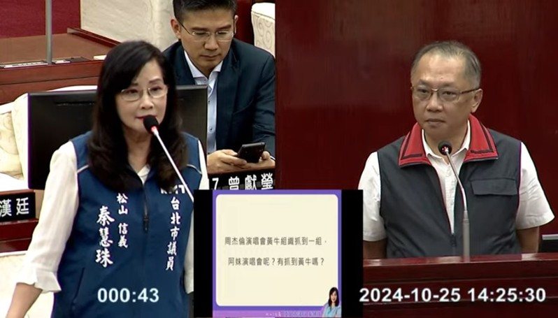 台北市議員秦慧珠下午在議會質詢,認為警方查黃牛票「大小眼」。圖/取自北市議會直播畫面 台北市議員秦慧珠下午在議會質詢,認為警方查黃牛票「大小眼」。圖/取自北市議會直播畫面