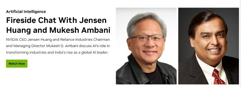 黃仁勳今(24)日與信實工業(Reliance Industries)董事長暨總經理穆克什‧安巴尼(Mukesh Ambani)進行爐邊對談。取自Nvidia官網 黃仁勳今(24)日與信實工業(Reliance Industries)董事長暨總經理穆克什‧安巴尼(Mukesh Ambani)進行爐邊對談。取自Nvidia官網